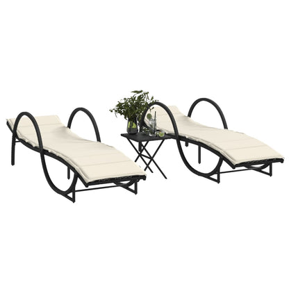 Sonnenliegen 2 Stk. mit Tisch Schwarz Poly Rattan