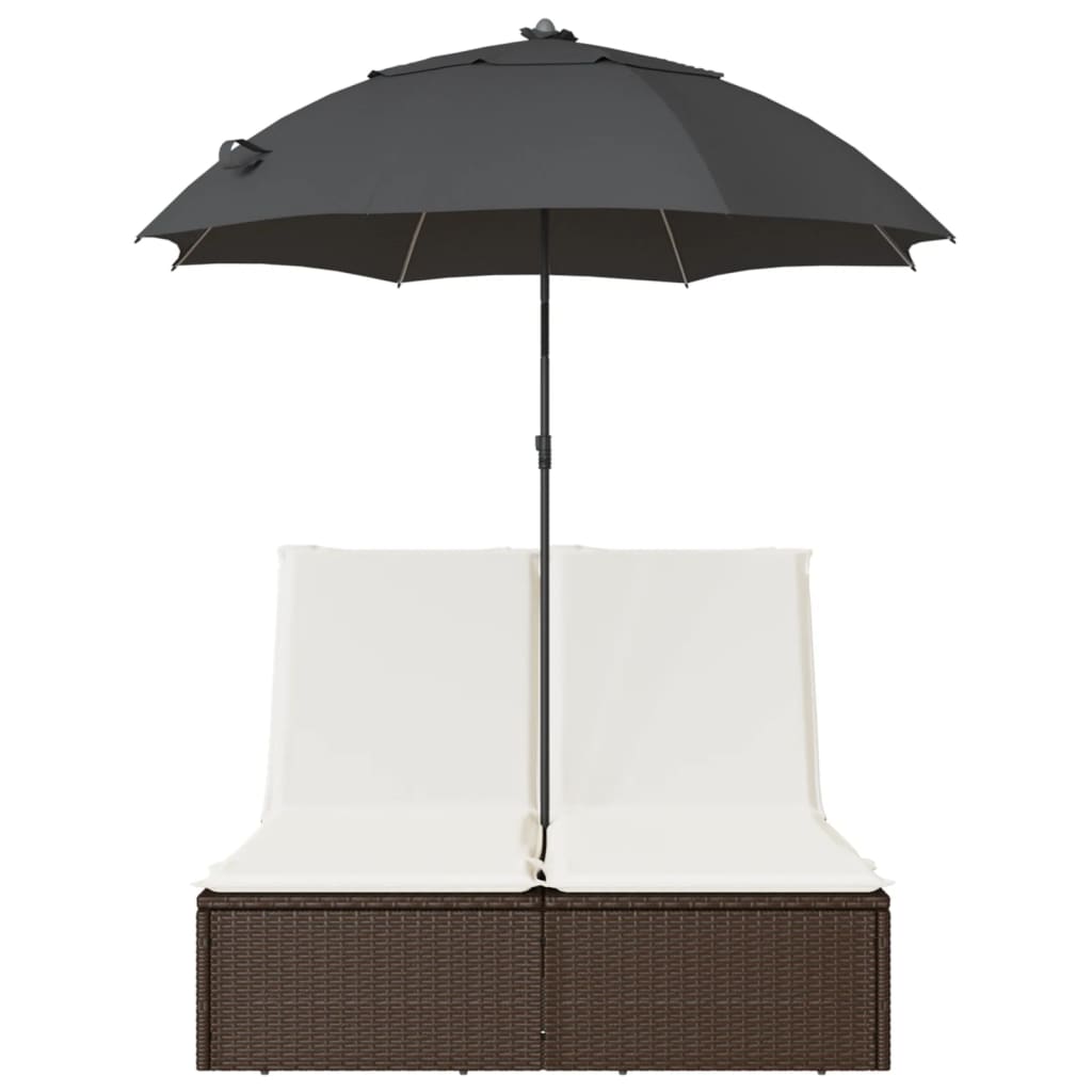 Doppel-Sonnenliege mit Kissen & Sonnenschirm Braun Poly Rattan