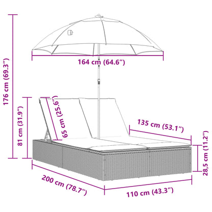 Doppel-Sonnenliege mit Kissen & Sonnenschirm Braun Poly Rattan