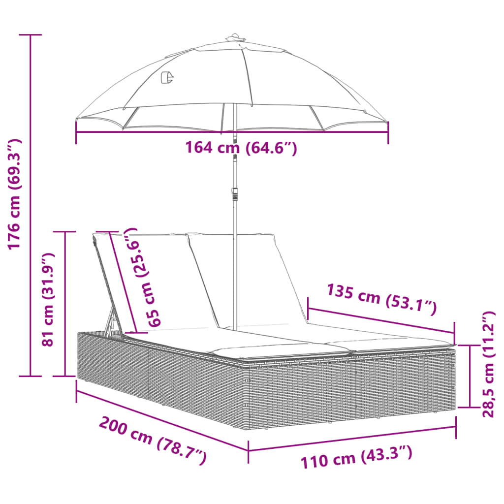 Doppel-Sonnenliege mit Kissen & Sonnenschirm Grau Poly Rattan