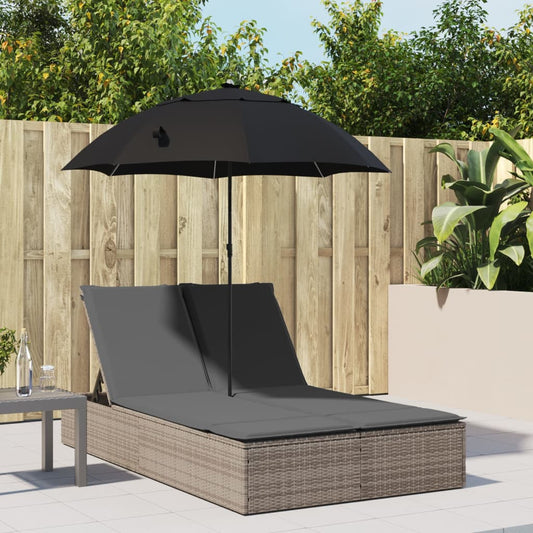 Doppel-Sonnenliege mit Kissen & Sonnenschirm Grau Poly Rattan