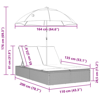 Doppel-Sonnenliege mit Kissen & Schirm Hellgrau Poly Rattan