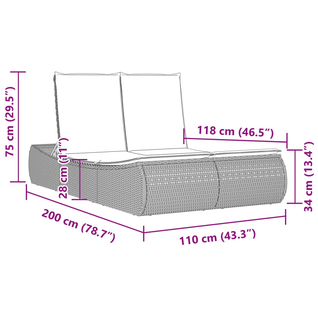 Doppel-Sonnenliege mit Auflagen Beige Poly Rattan