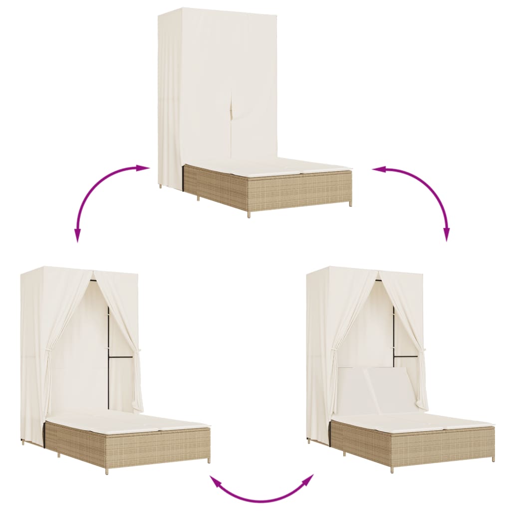 Doppel-Sonnenliege mit Dach und Vorhängen Beige Poly Rattan