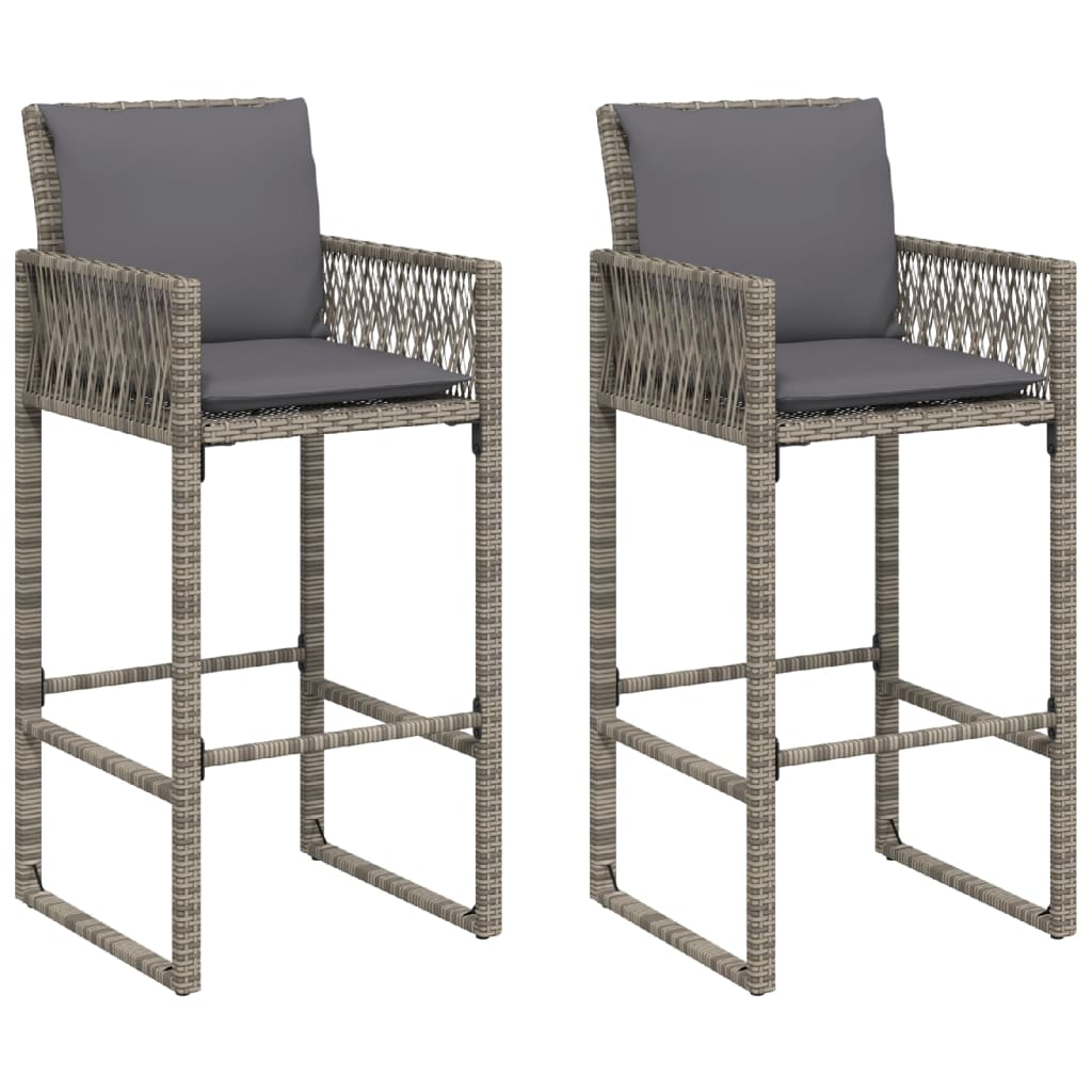 Garten-Barhocker mit Kissen 2 Stk. Grau Poly Rattan