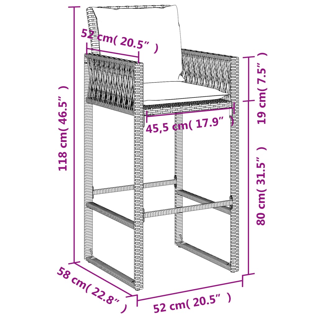 Garten-Barhocker mit Kissen 2 Stk. Grau Poly Rattan