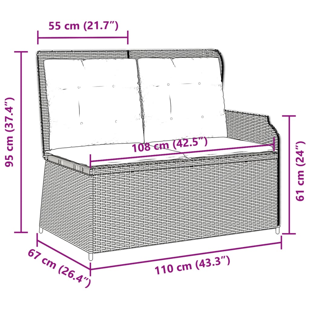 Gartenbank Verstellbar mit Kissen Braun Poly Rattan