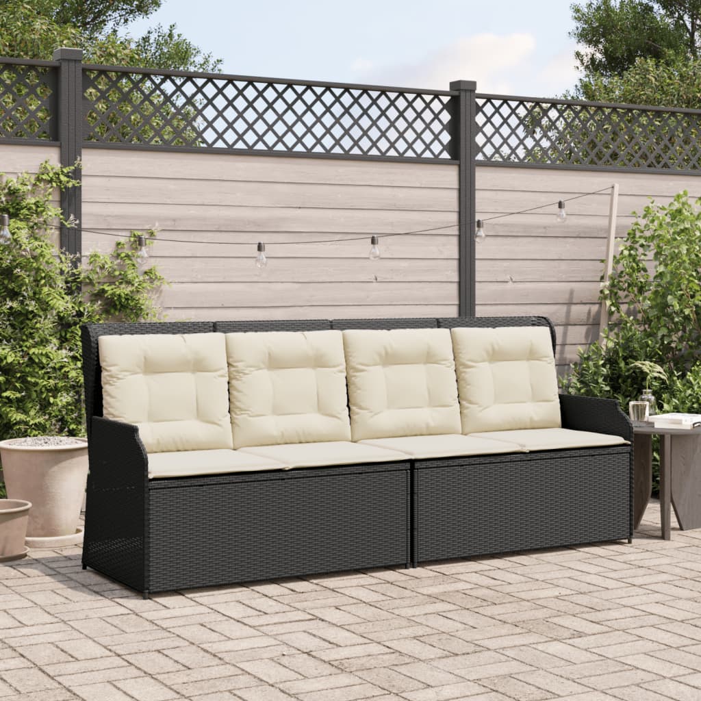 Gartenbank Verstellbar mit Kissen Schwarz Poly Rattan