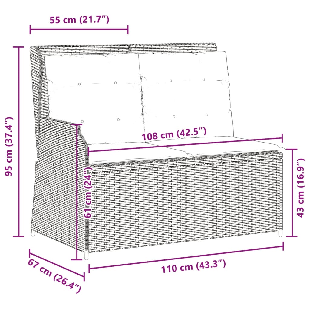 Gartenbank Verstellbar mit Kissen Beige Poly Rattan