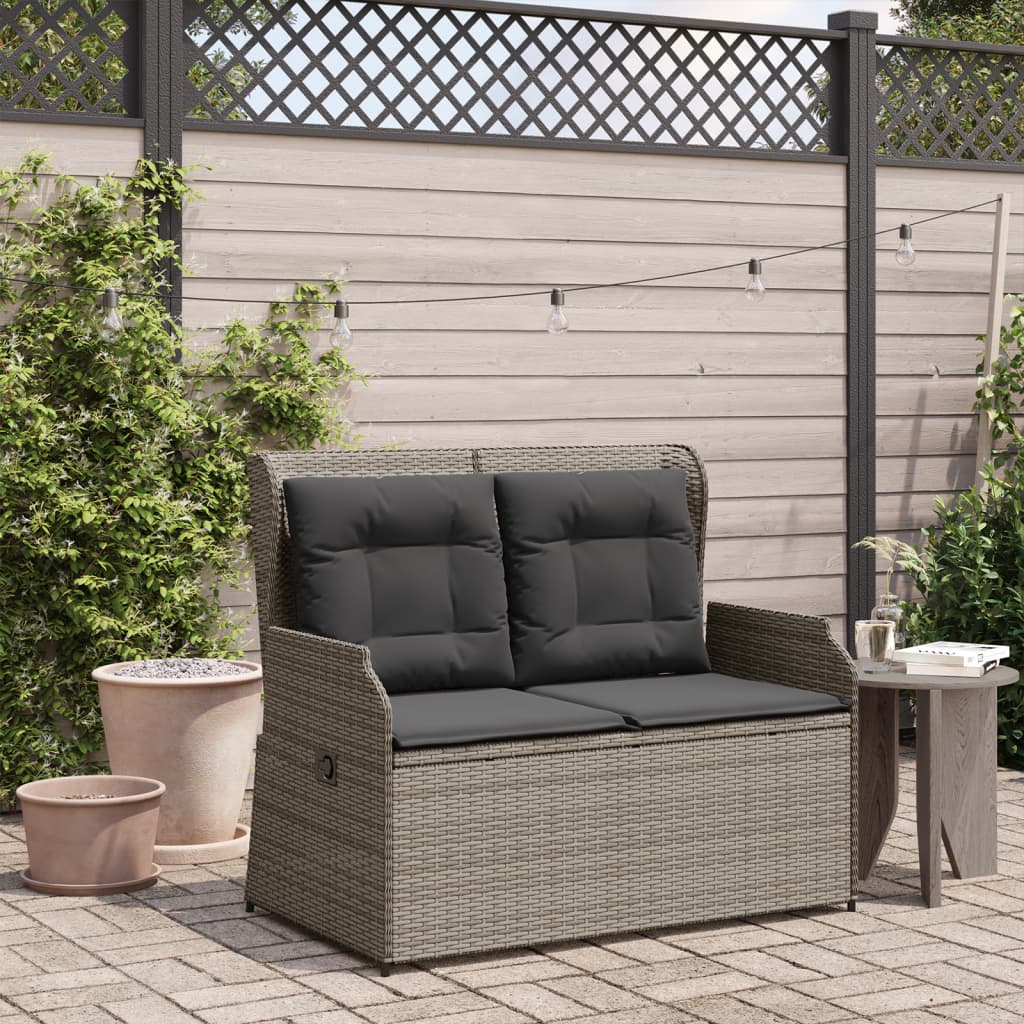 Gartenbank Verstellbar mit Kissen Grau Poly Rattan