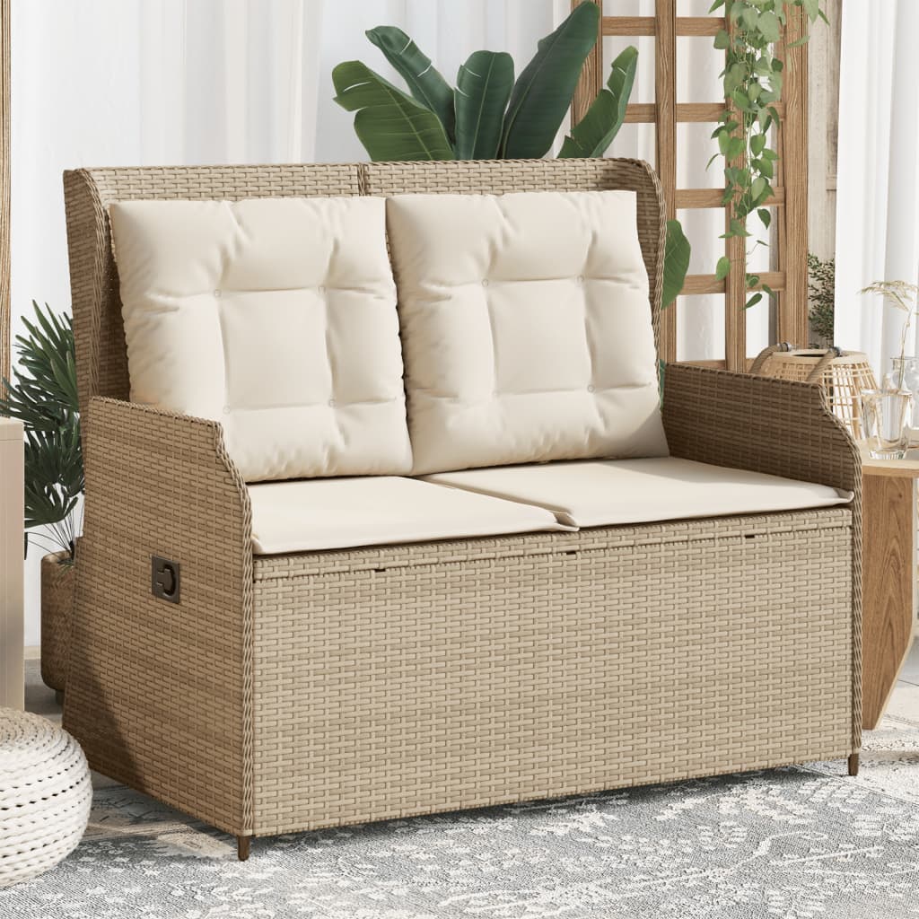 Gartenbank Verstellbar mit Kissen Beige Poly Rattan