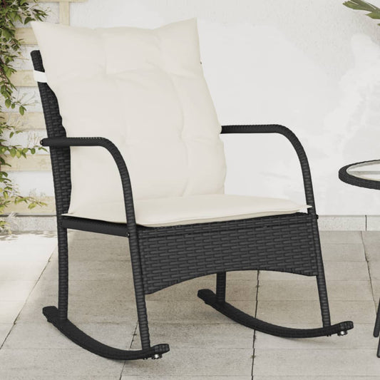 Garten-Schaukelstuhl mit Kissen Schwarz Poly Rattan