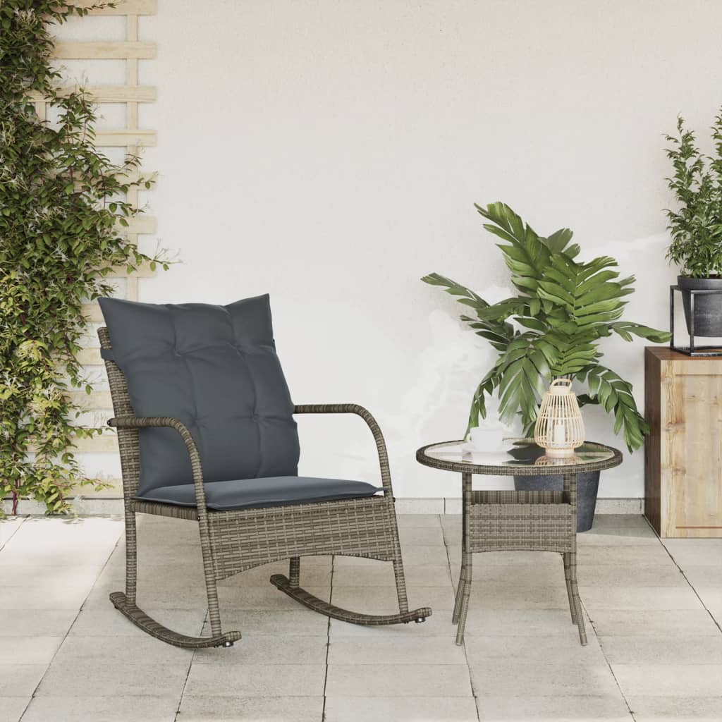 Garten-Schaukelstuhl mit Kissen Grau Poly Rattan