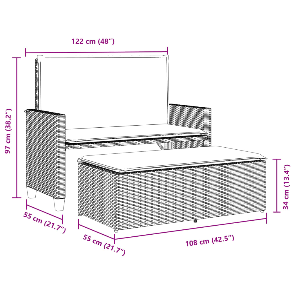 Gartenbank mit Kissen und Hocker Hellgrau Poly Rattan