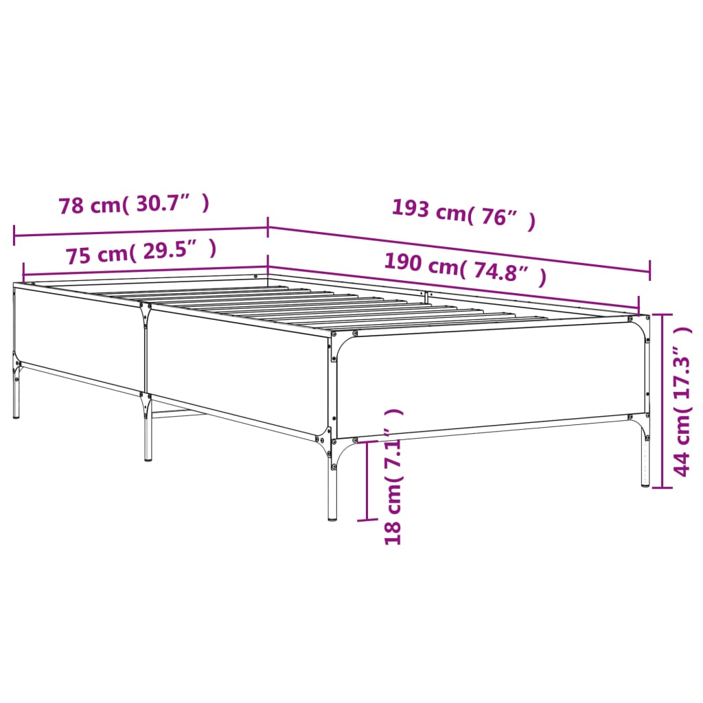 Bettgestell Räuchereiche 75x190 cm Holzwerkstoff und Metall