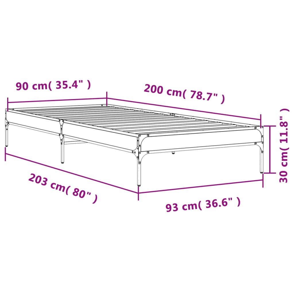 Bettgestell Grau Sonoma 90x200 cm Holzwerkstoff und Metall