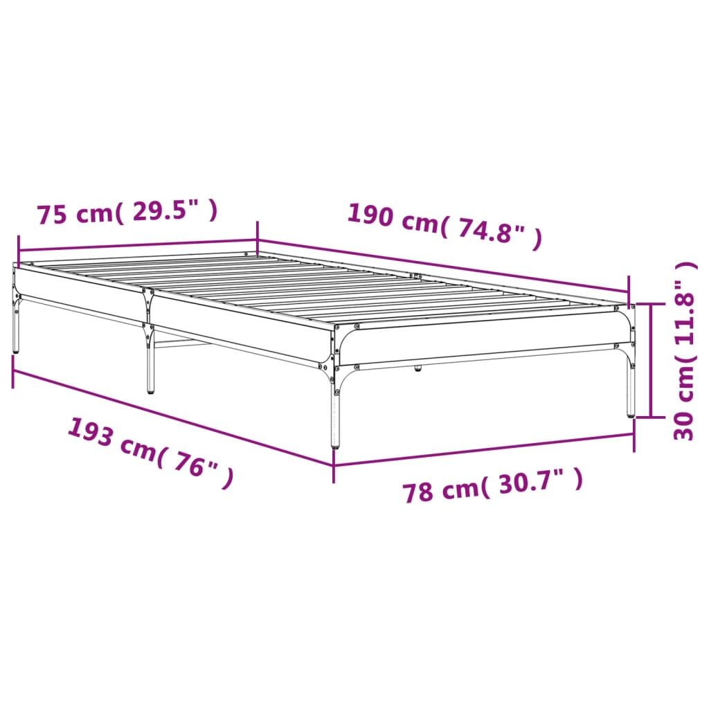 Bettgestell Grau Sonoma 75x190 cm Holzwerkstoff und Metall