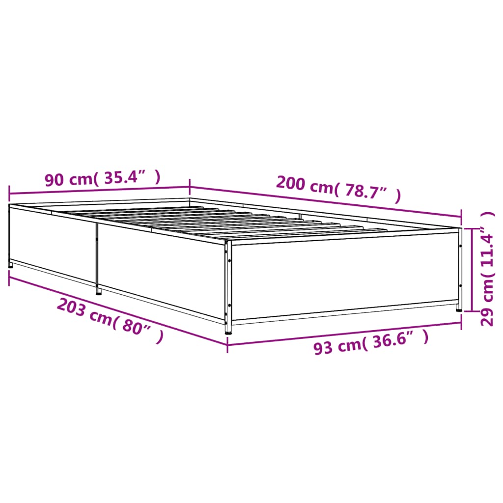 Bettgestell Grau Sonoma 90x200 cm Holzwerkstoff und Metall