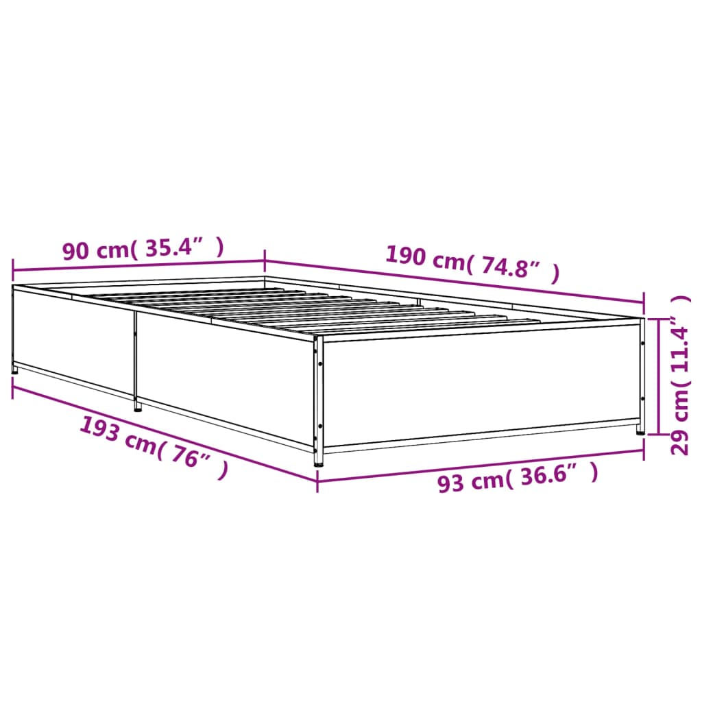 Bettgestell Grau Sonoma 90x190 cm Holzwerkstoff und Metall