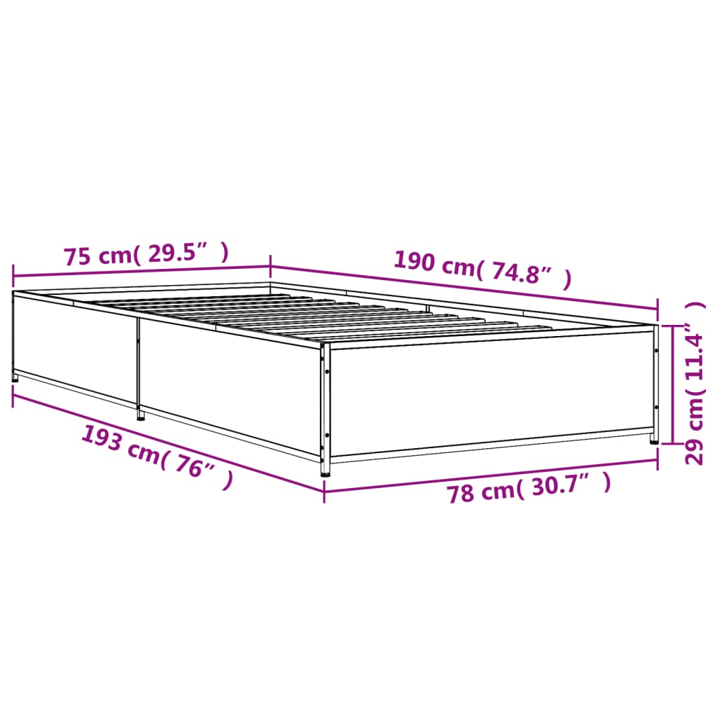 Bettgestell Grau Sonoma 75x190 cm Holzwerkstoff und Metall