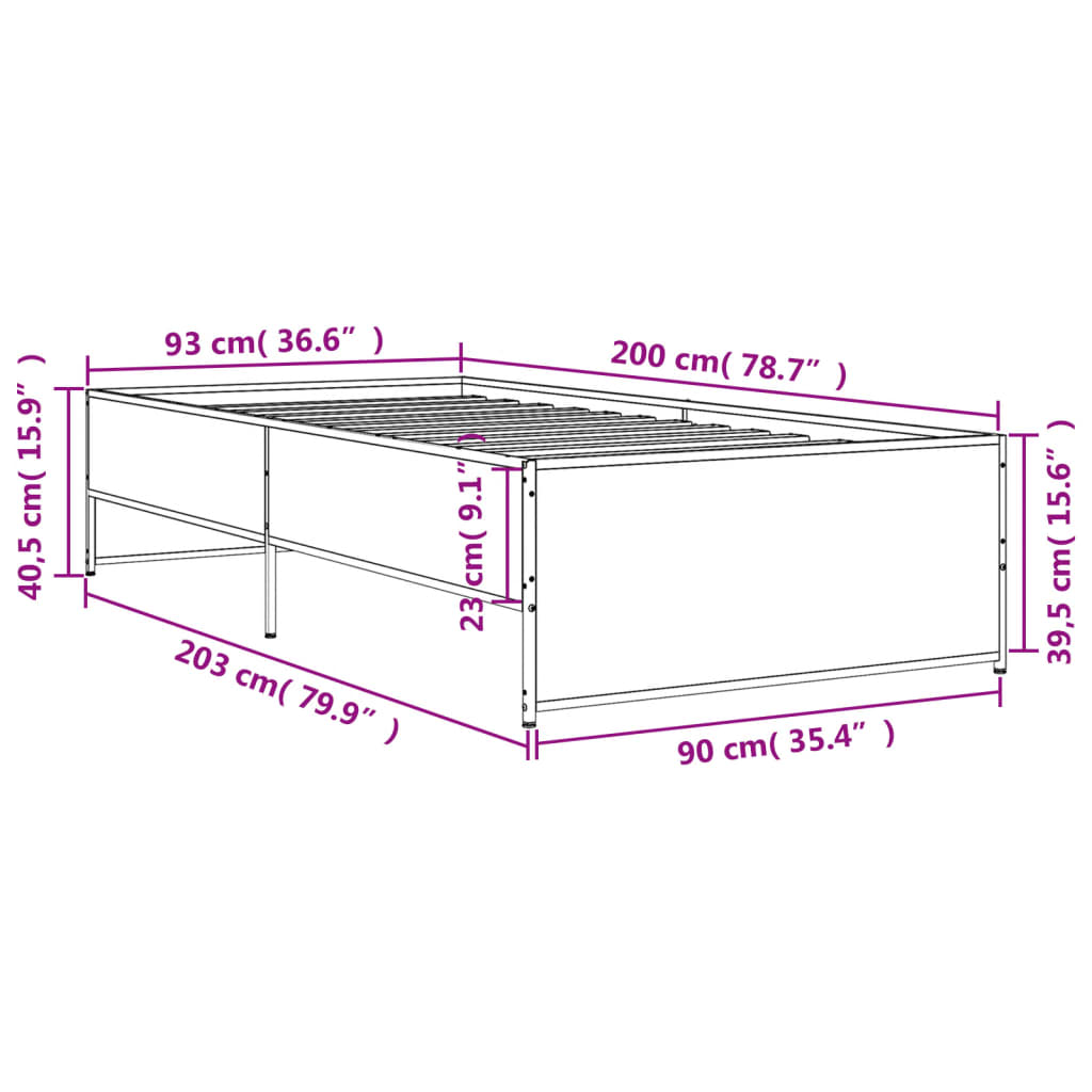 Bettgestell Sonoma-Eiche 90x200 cm Holzwerkstoff und Metall