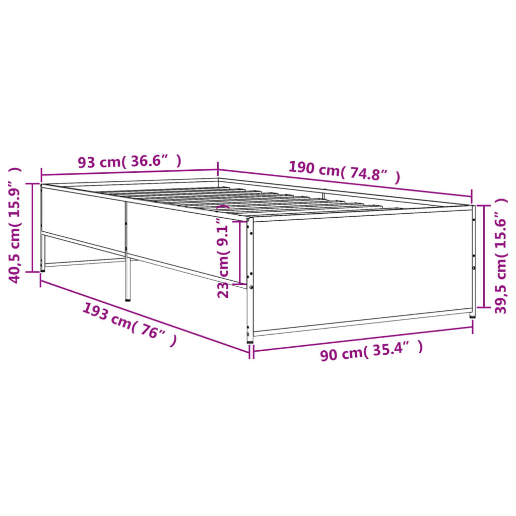 Bettgestell Räuchereiche 90x190 cm Holzwerkstoff und Metall