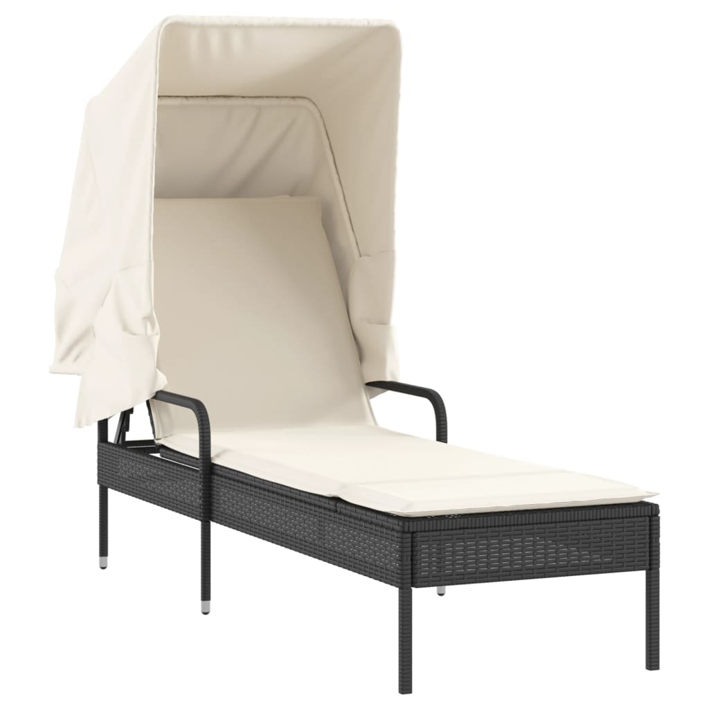 Sonnenliegen 2 Stk. mit Dach und Tisch Schwarz Poly-Rattan