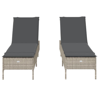 Sonnenliegen mit Auflagen 2 Stk. Hellgrau Poly Rattan