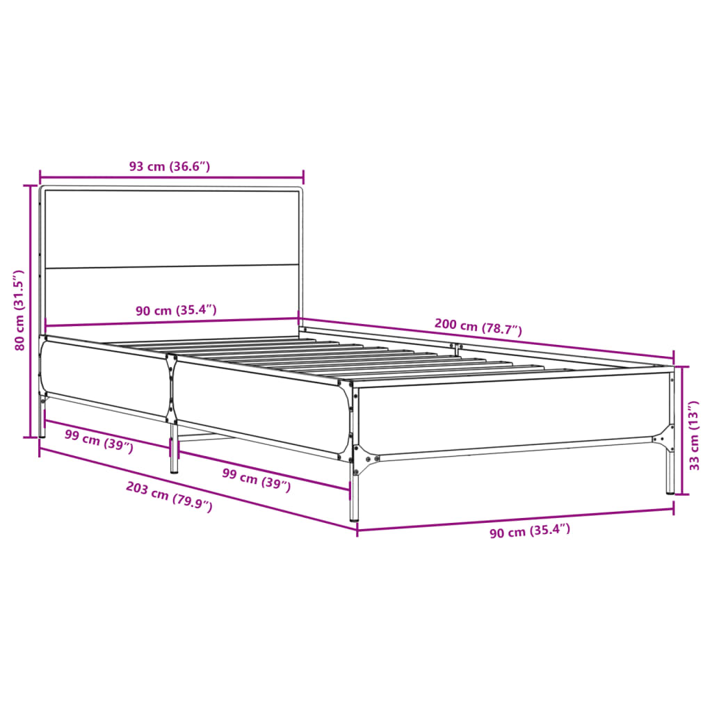 Bettgestell Räuchereiche 90x200 cm Holzwerkstoff und Metall