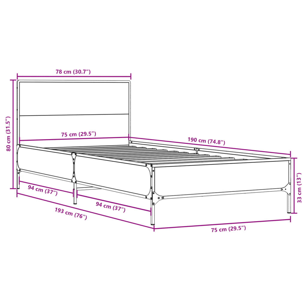 Bettgestell Schwarz 75x190 cm Holzwerkstoff und Metall