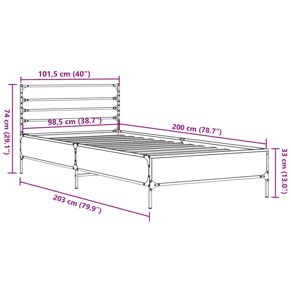 Bettgestell Braun Eichen-Optik 100x200 cm Holzwerkstoff Metall