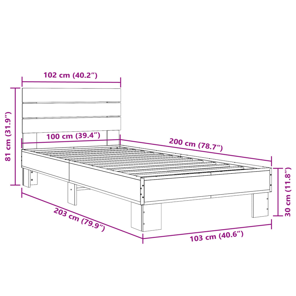 Bettgestell Räuchereiche 100x200 cm Holzwerkstoff und Metall