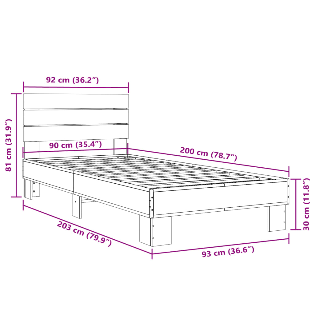 Bettgestell Räuchereiche 90x200 cm Holzwerkstoff und Metall