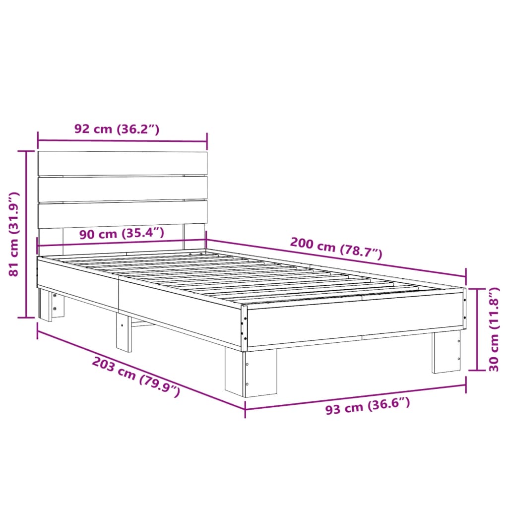 Bettgestell Grau Sonoma 90x200 cm Holzwerkstoff und Metall