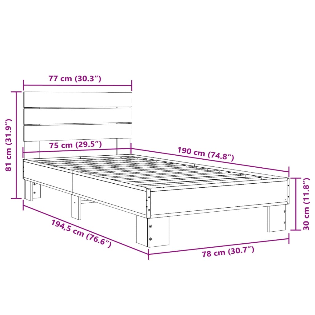 Bettgestell Sonoma-Eiche 75x190 cm Holzwerkstoff und Metall