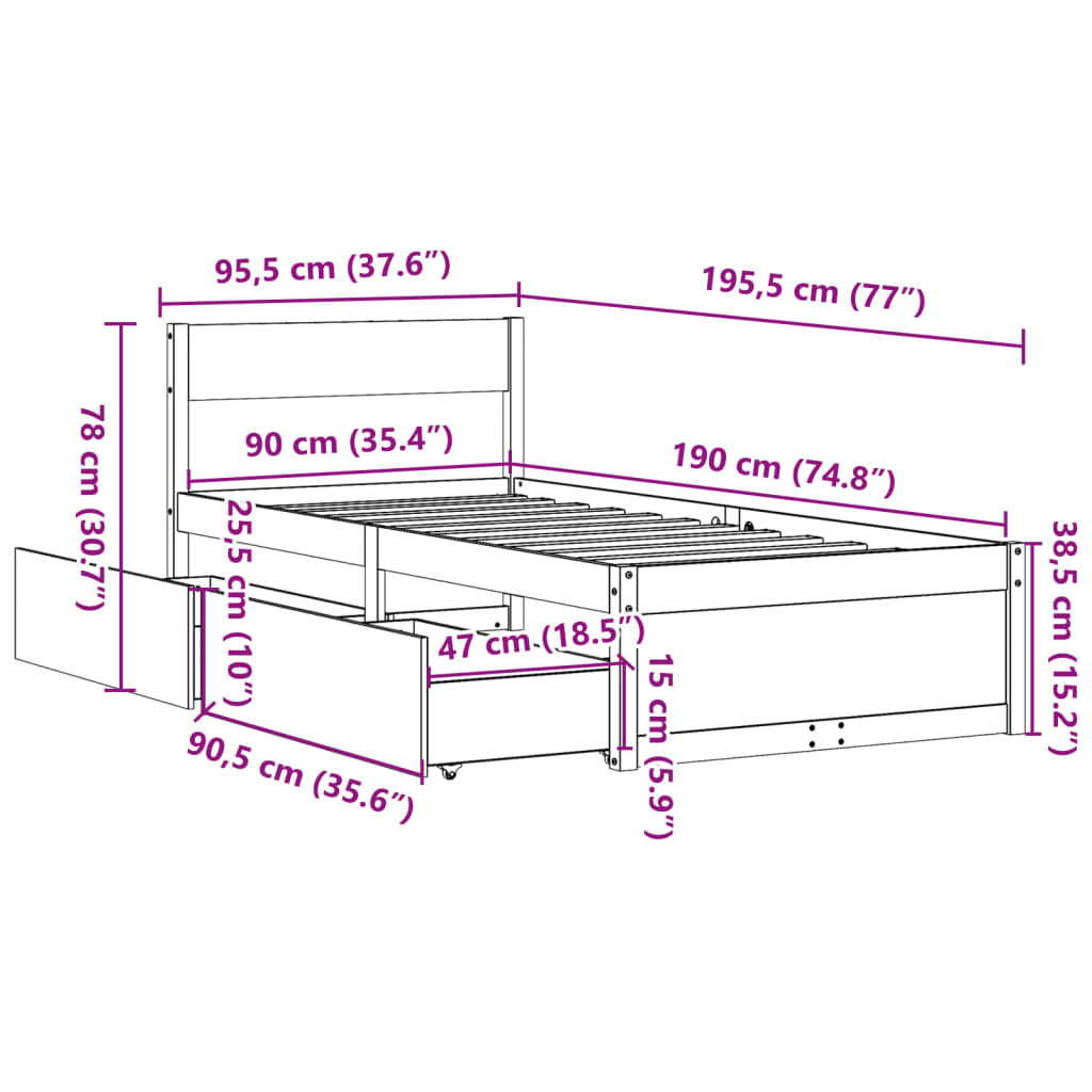 Massivholzbett ohne Matratze Wachsbraun 90x190 cm Kiefernholz