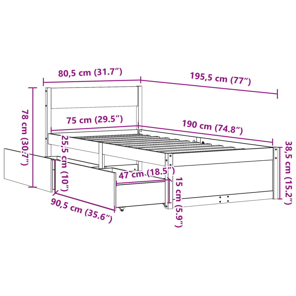 Massivholzbett ohne Matratze Wachsbraun 75x190 cm Kiefernholz