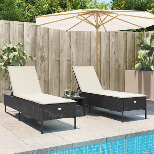 3-tlg. Sonnenliegen-Set mit Auflage Schwarz Poly-Rattan