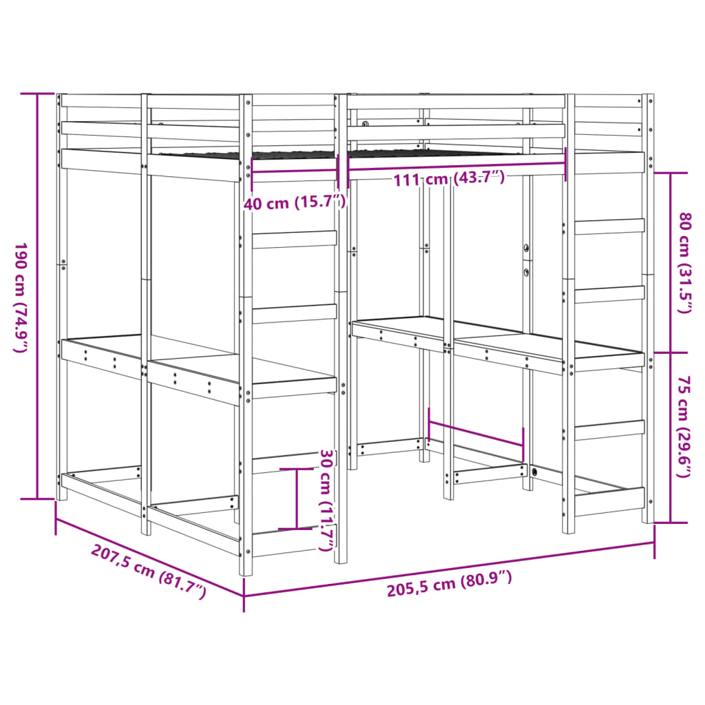 Hochbett mit Schreibtisch & Leiter 200x200 cm Massivholz Kiefer