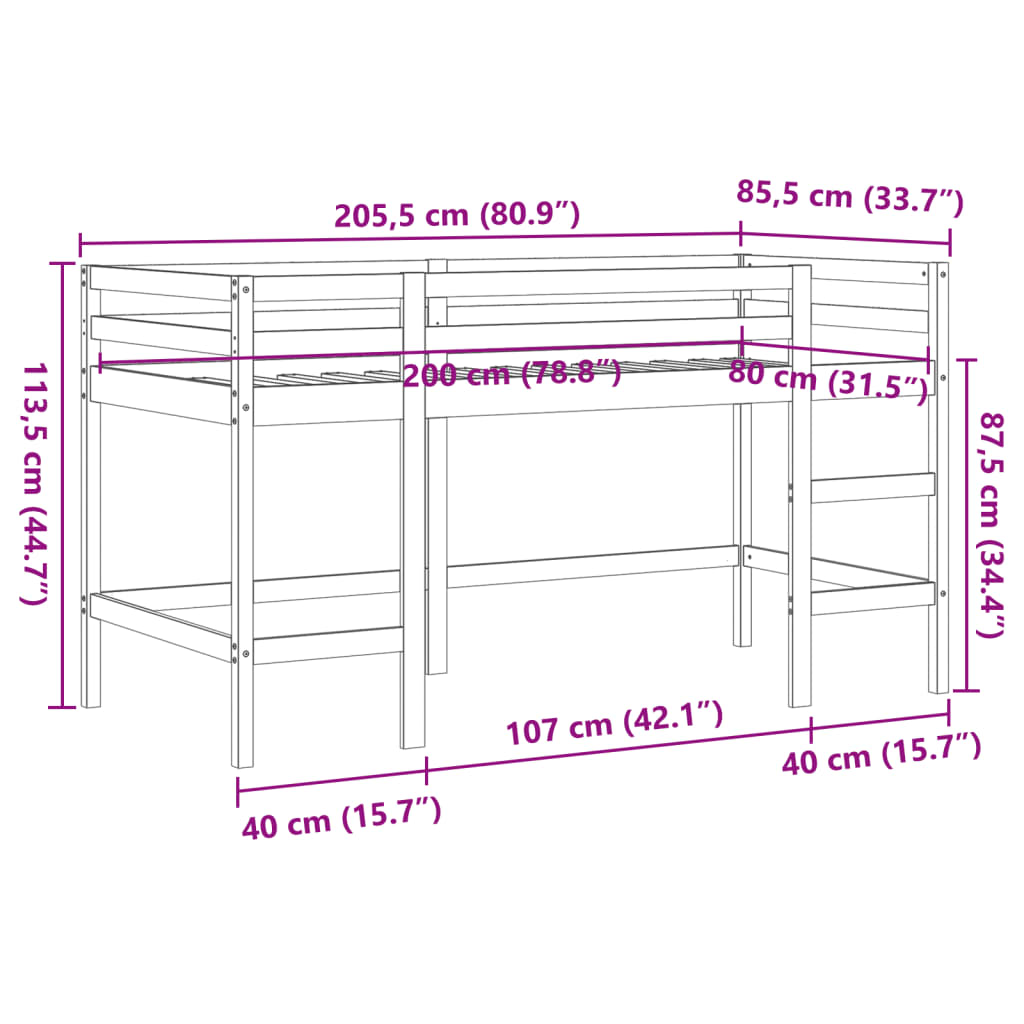 Kinderhochbett mit Leiter Wachsbraun 80x200cm Massivholz Kiefer