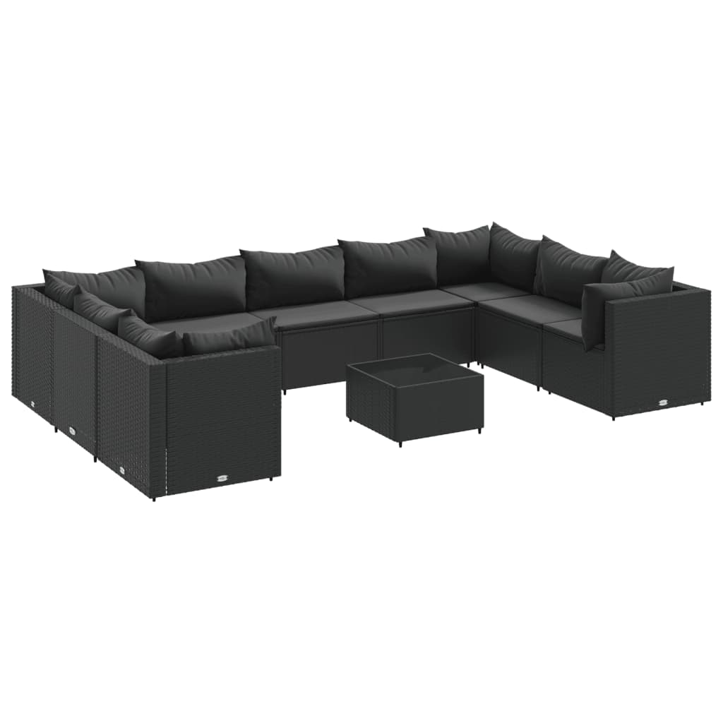 10-tlg. Garten-Lounge-Set mit Kissen Schwarz Poly Rattan