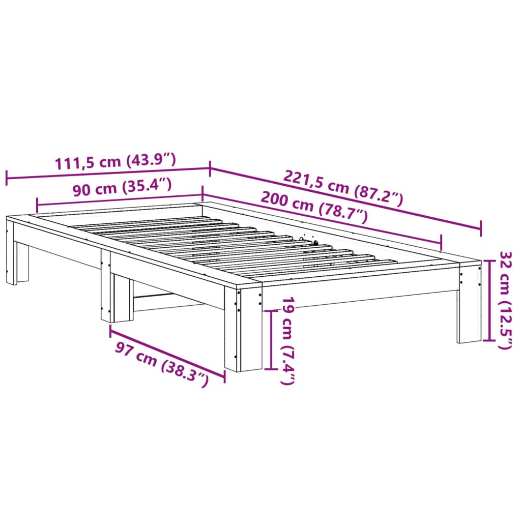 Massivholzbett ohne Matratze Weiß 90x200 cm Kiefernholz