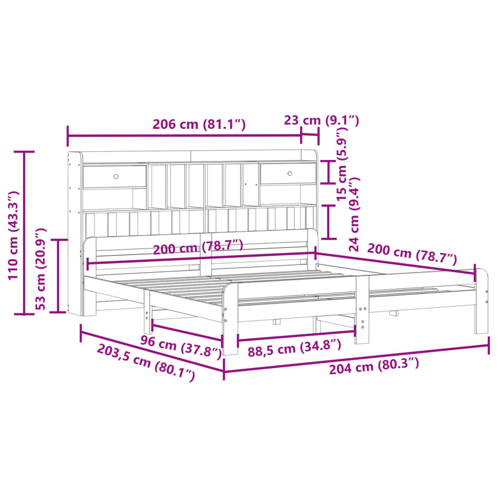 Massivholzbett mit Regal ohne Matratze Wachsbraun 200x200 cm