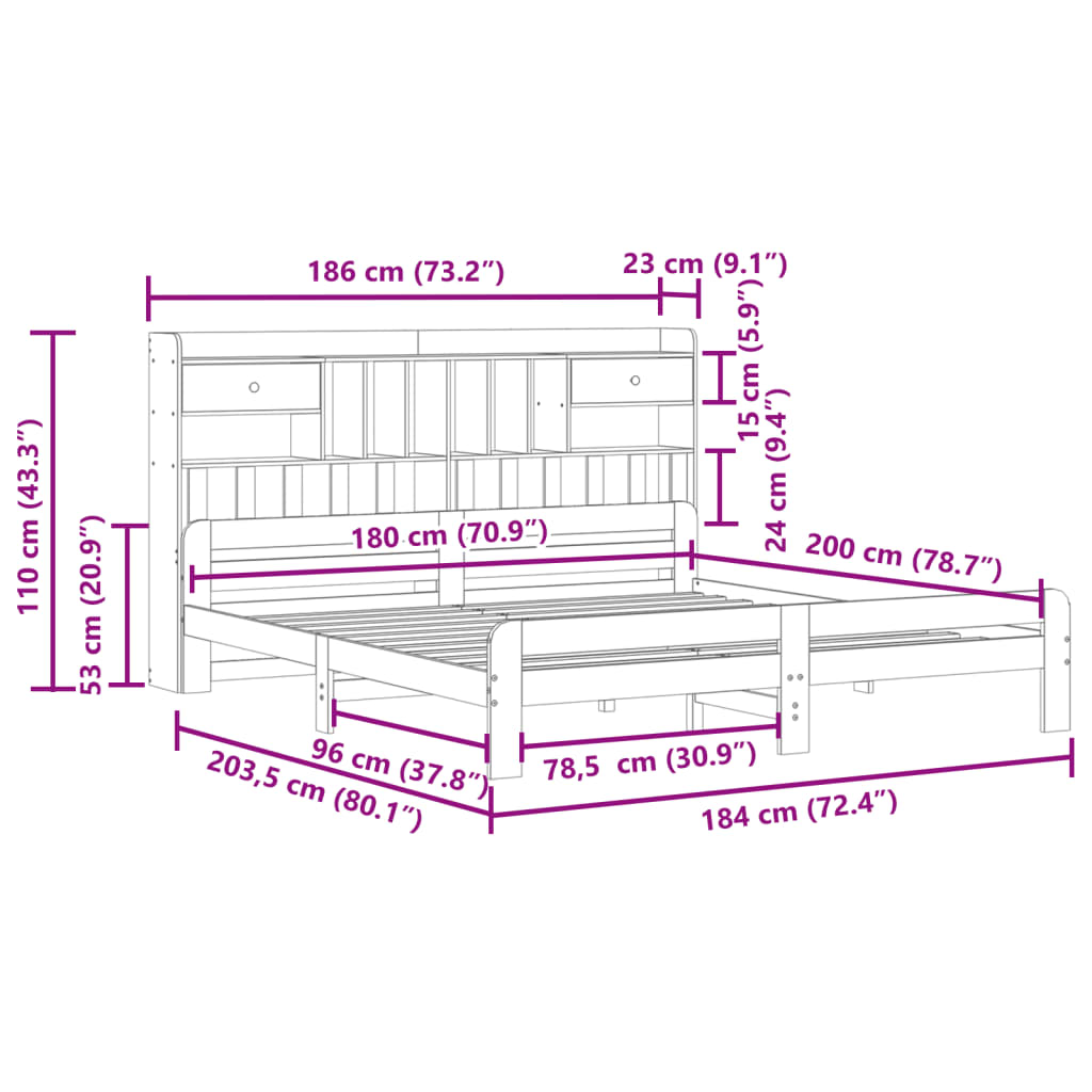 Massivholzbett mit Regal ohne Matratze 180x200 cm Kiefernholz