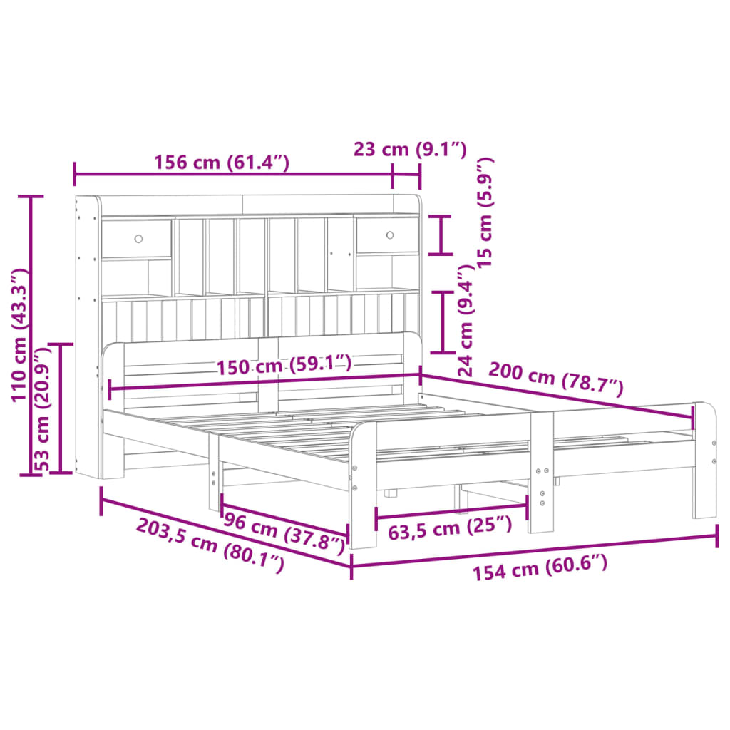 Massivholzbett mit Regal ohne Matratze 150x200 cm Kiefernholz