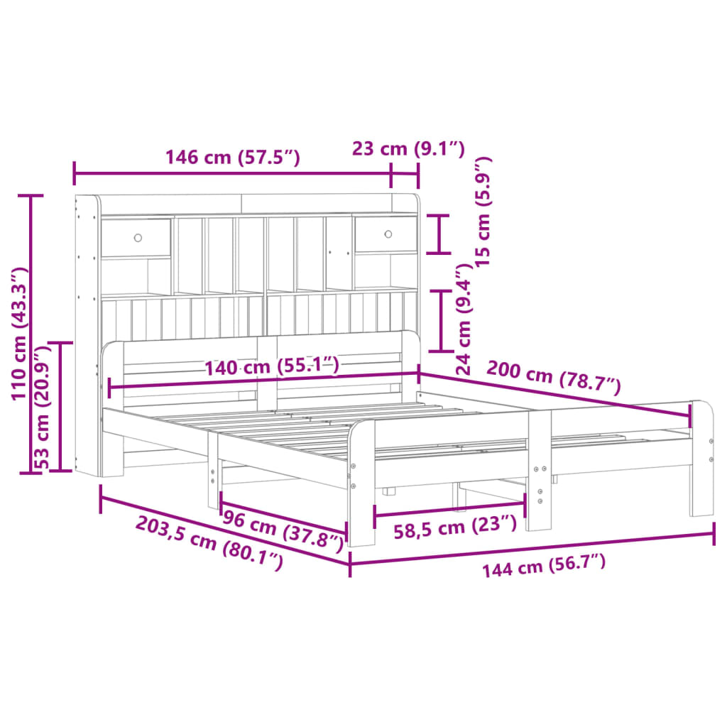 Massivholzbett mit Regal ohne Matratze 140x200 cm Kiefernholz