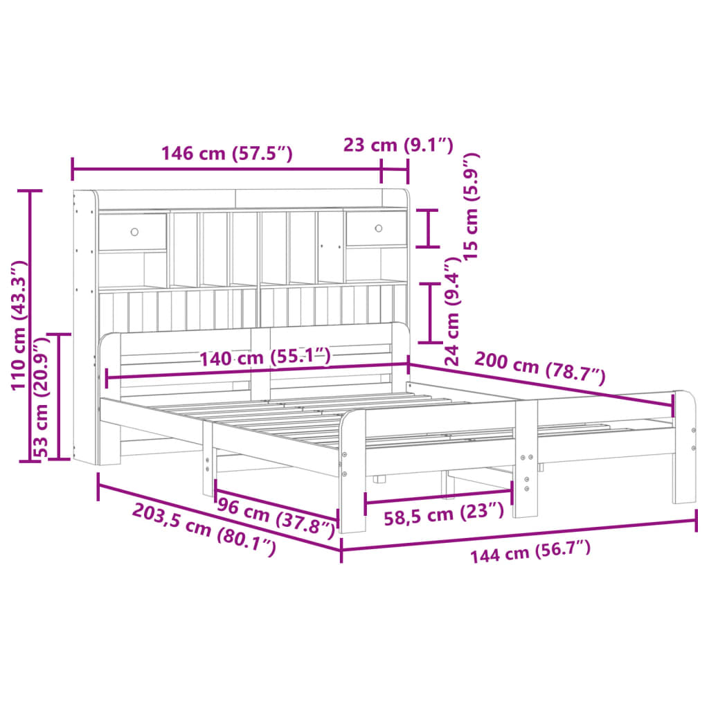 Massivholzbett mit Regal ohne Matratze Wachsbraun 140x200 cm