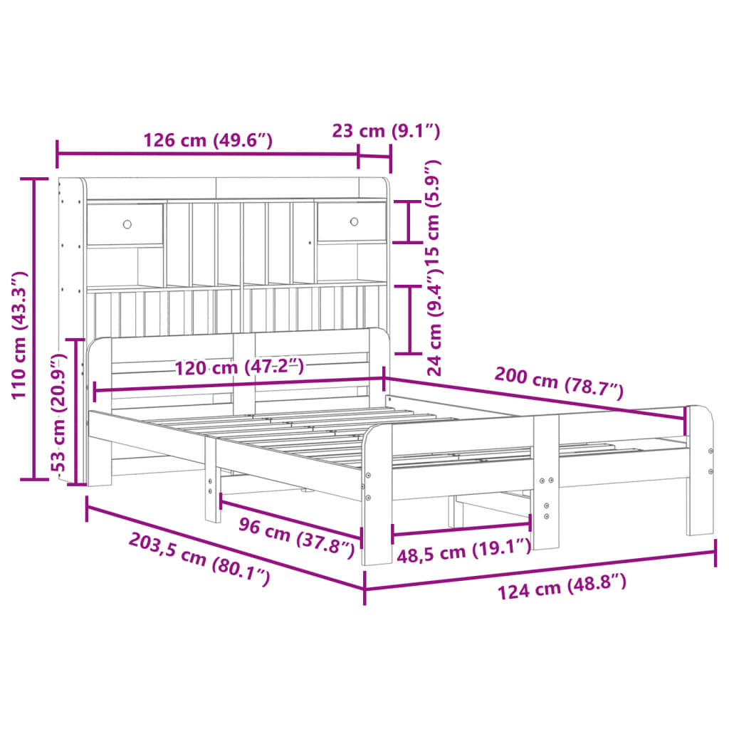 Massivholzbett mit Regal ohne Matratze Wachsbraun 120x200 cm