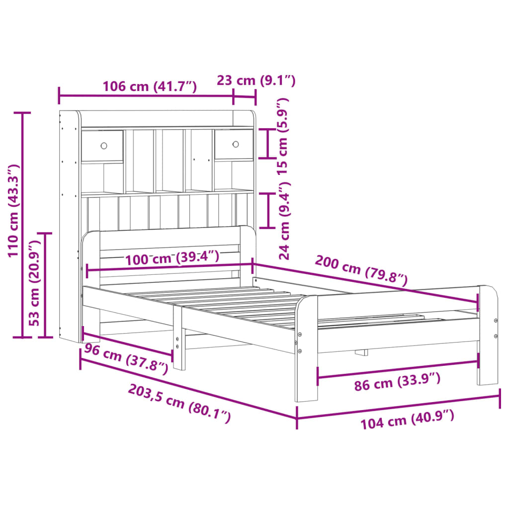 Massivholzbett mit Regal ohne Matratze Wachsbraun 100x200 cm