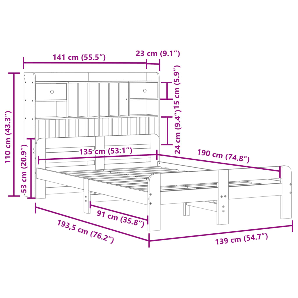 Massivholzbett mit Regal ohne Matratze 135x190 cm Kiefernholz